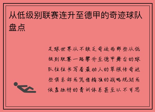 从低级别联赛连升至德甲的奇迹球队盘点