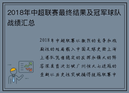 2018年中超联赛最终结果及冠军球队战绩汇总