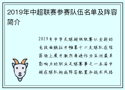 2019年中超联赛参赛队伍名单及阵容简介