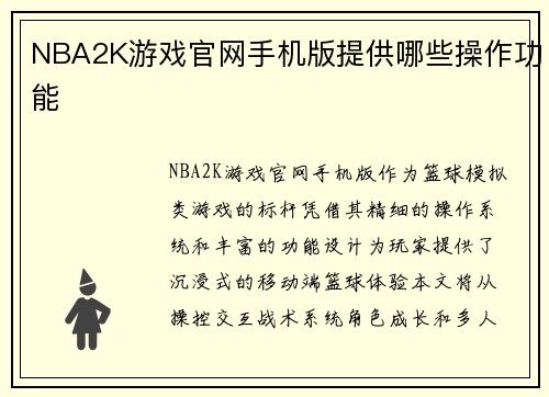 NBA2K游戏官网手机版提供哪些操作功能